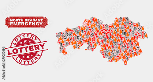 Vector collage of wildfire North Brabant Province map and red round scratched Lottery watermark. Emergency North Brabant Province map mosaic of wildfire, electric hazard items.