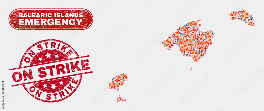 Vector collage of wildfire Balearic Islands map and red round grunge On Strike stamp. Emergency Balearic Islands map mosaic of fire, energy hazard elements.