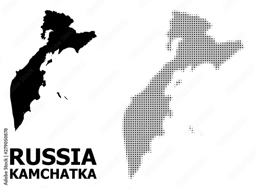 Vector Halftone Mosaic and Solid Map of Kamchatka Peninsula