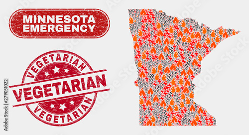 Vector collage of hazard Minnesota State map and red rounded textured Vegetarian watermark. Emergency Minnesota State map mosaic of wildfire, power lightning elements.