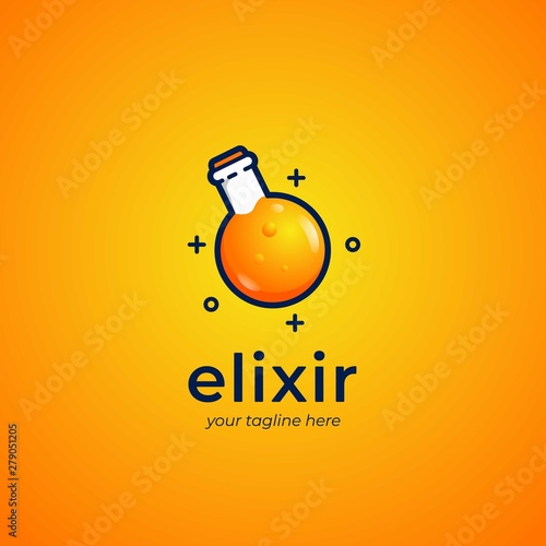 Elixir bottle logo with orange liquid, cartoon style elixir potion logo icon