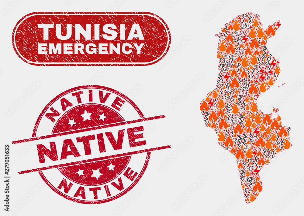 Vector collage of wildfire Tunisia map and red round textured Native watermark. Emergency Tunisia map mosaic of wildfire, energy lightning symbols. Vector collage for emergency services, Vector collage of wildfire Tunisia map and red round textured Native watermark. Emergency Tunisia map mosaic of wildfire, energy lightning symbols. Vector collage for emergency services,