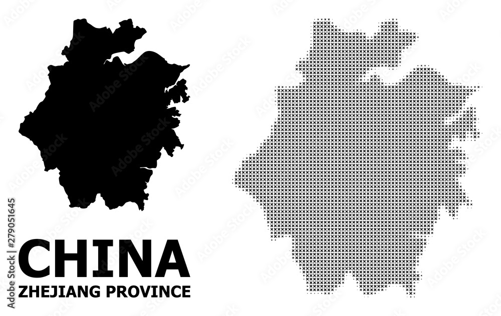 Vector Halftone Pattern and Solid Map of Zhejiang Province