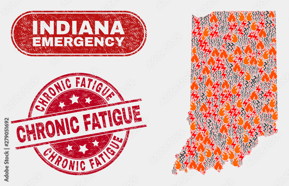 Vector collage of disaster Indiana State map and red rounded grunge Chronic Fatigue seal stamp. Emergency Indiana State map mosaic of wildfire, power strike elements. Vector collage of disaster Indiana State map and red rounded grunge Chronic Fatigue seal stamp. Emergency Indiana State map mosaic of wildfire, power strike elements.