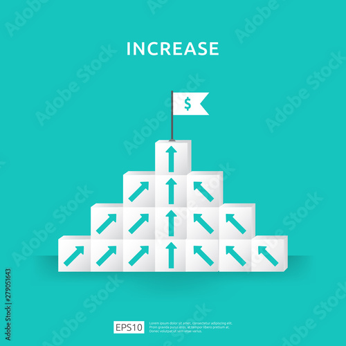 Growth business increase concept with stacking block. step stair ladder with arrow up vector illustration for success process, rise income salary rate, finance performance of return on investment ROI.