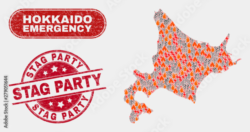 Vector collage of hazard Hokkaido map and red round textured Stag Party stamp. Emergency Hokkaido map mosaic of burning, energy hazard symbols. Vector combination for emergency services,