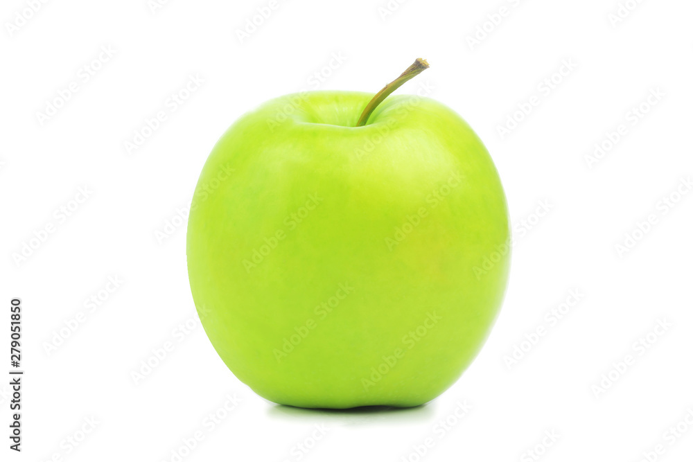 Perfect fresh green apple isolated on white background in full depth of field. Single bio organic healthy fruit food. One bright whole juicy ripe delicious apple closeup. Nature diet concept.