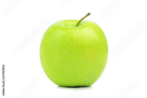 Perfect fresh green apple isolated on white background in full depth of field. Single bio organic healthy fruit food. One bright whole juicy ripe delicious apple closeup. Nature diet concept.