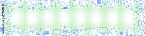 Graphic paper background. Checkered texture. Back to school. Set of different signs. Hand drawn elements. Welcome back to school design. Abstract banner