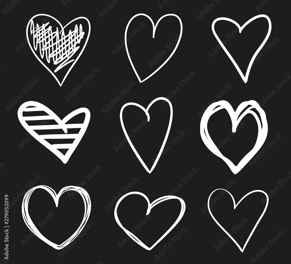 Hand drawn abstract hearts on black background. Sketchy illustration for design. Line art creation. Black and white illustration Hand drawn abstract hearts on black background. Sketchy illustration for design. Line art creation. Black and white illustration