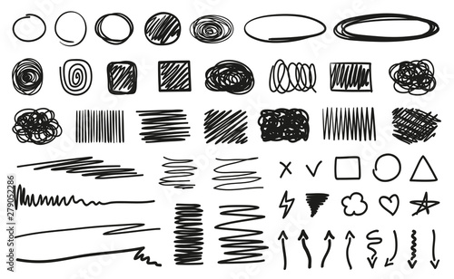 Hand drawn hatching shapes on isolated white background. Geometric chaotic shape with lines. Wavy tangled doodle. Black and white illustration