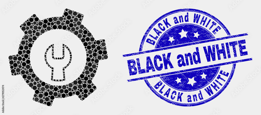 Dot repair gear mosaic pictogram and Black and White watermark. Blue vector rounded scratched stamp with Black and White phrase. Vector combination in flat style. Dot repair gear mosaic pictogram and Black and White watermark. Blue vector rounded scratched stamp with Black and White phrase. Vector combination in flat style.