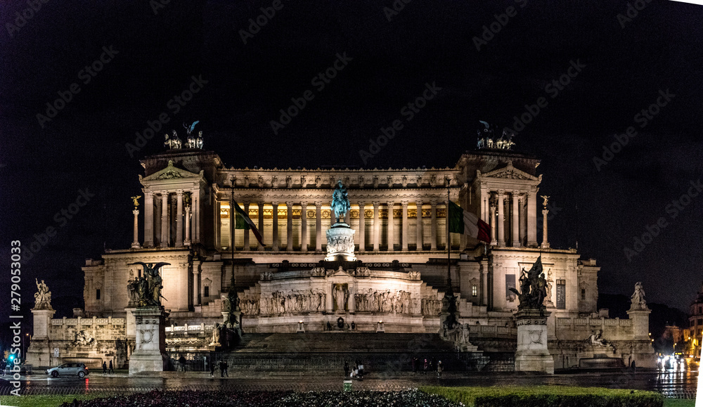 The Altare della Patria illuminated at night is a monument built in honor of Victor Emmanuel II, the first king of a unified Italy, located in Rome, Italy.