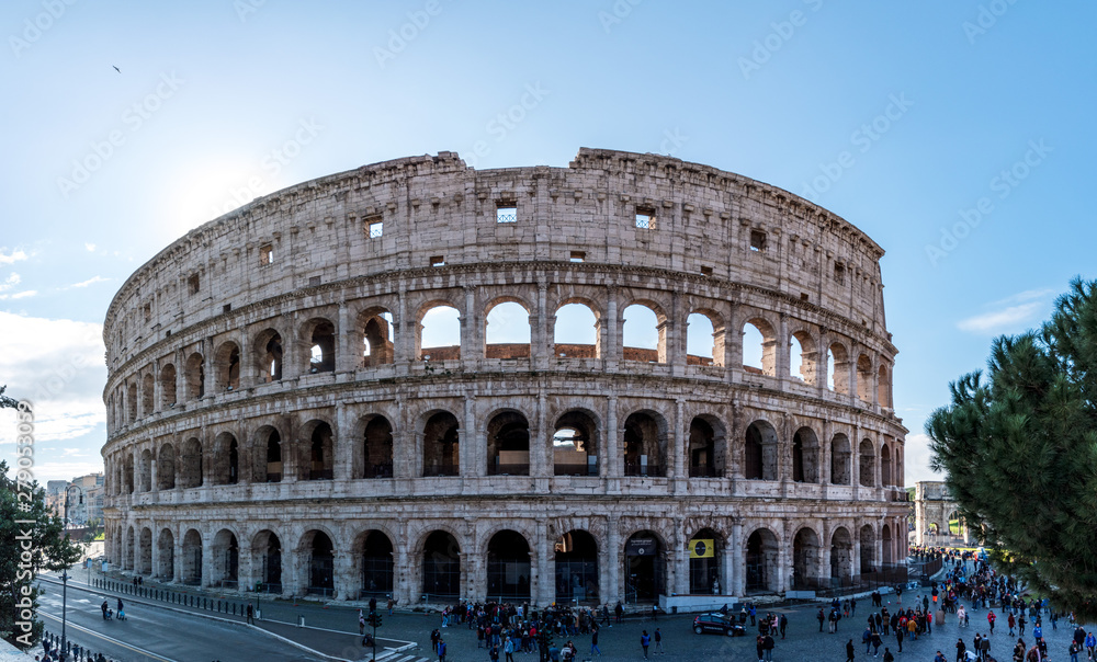 A panoramic of Colosseum or Coliseum is an oval amphitheater in the center of the city of Rome, Italy. Built of travertine, tuff, and brick-faced concrete, it is the largest amphitheater ever built.