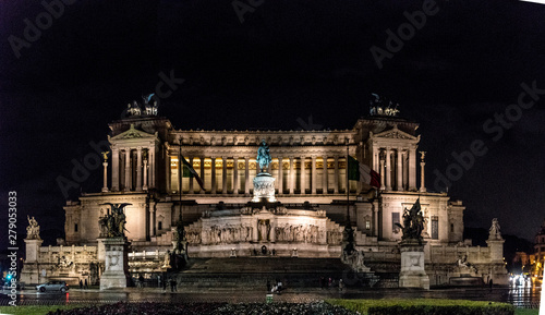 The Altare della Patria illuminated at night is a monument built in honor of Victor Emmanuel II, the first king of a unified Italy, located in Rome, Italy.