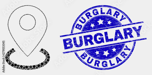 Dot map marker placement mosaic icon and Burglary stamp. Blue vector rounded grunge seal with Burglary caption. Vector composition in flat style.