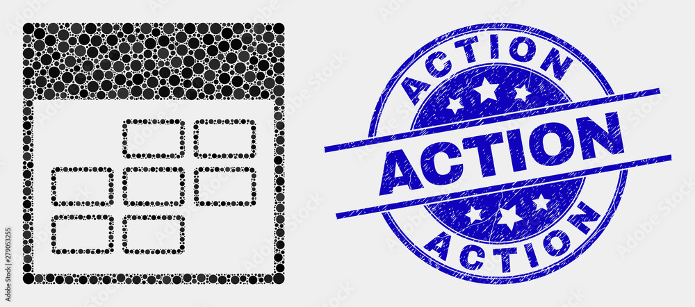 Dotted calendar week items mosaic icon and Action seal stamp. Blue vector round scratched seal stamp with Action message. Vector collage in flat style.