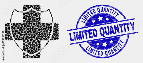 Pixelated medical shield mosaic icon and Limited Quantity seal stamp. Blue vector rounded textured seal with Limited Quantity phrase. Vector composition in flat style.