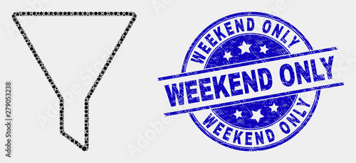 Pixel filter mosaic pictogram and Weekend Only seal stamp. Blue vector rounded scratched seal stamp with Weekend Only caption. Vector combination in flat style.