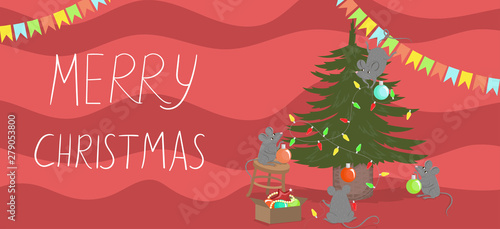 Banner Merry Christmas. Mice decorate the Christmas tree. The symbol of 2020. Vector graphics.