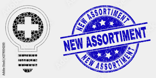 Pixelated medical bulb mosaic icon and New Assortiment seal stamp. Blue vector round distress watermark with New Assortiment phrase. Vector combination in flat style.