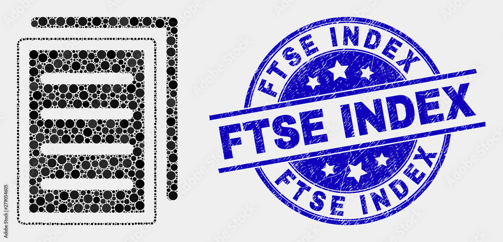 Pixel list page mosaic icon and Ftse Index seal stamp. Blue vector round scratched seal with Ftse Index message. Vector combination in flat style. Black isolated list page mosaic of scattered spheres,