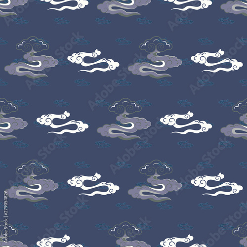 Vector Illustration of stylized, abstract, indigo, blue, grey and white clouds resembling dragon tails at beautiful lunar twilight. Ideal for fabric