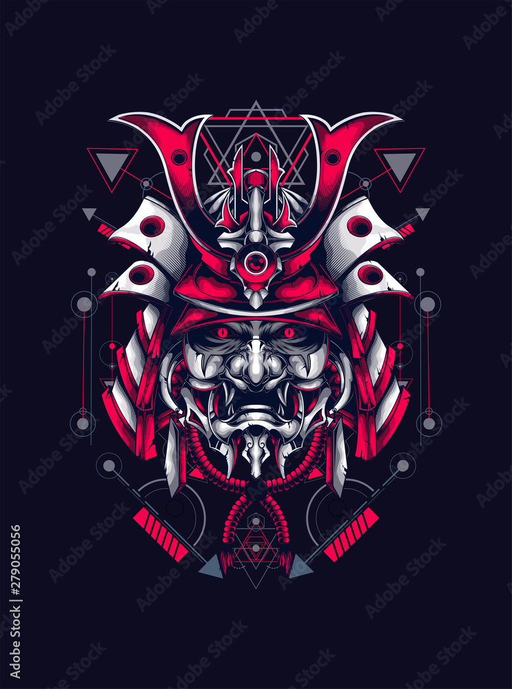 samurai head with detail mask and sacred geometry pattern as the background samurai head with detail mask and sacred geometry pattern as the background