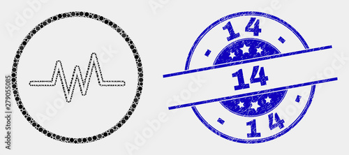 Pixel pulse signal mosaic icon and 14 stamp. Blue vector round distress stamp with 14 phrase. Vector combination in flat style. Black isolated pulse signal illustration of randomized dots,