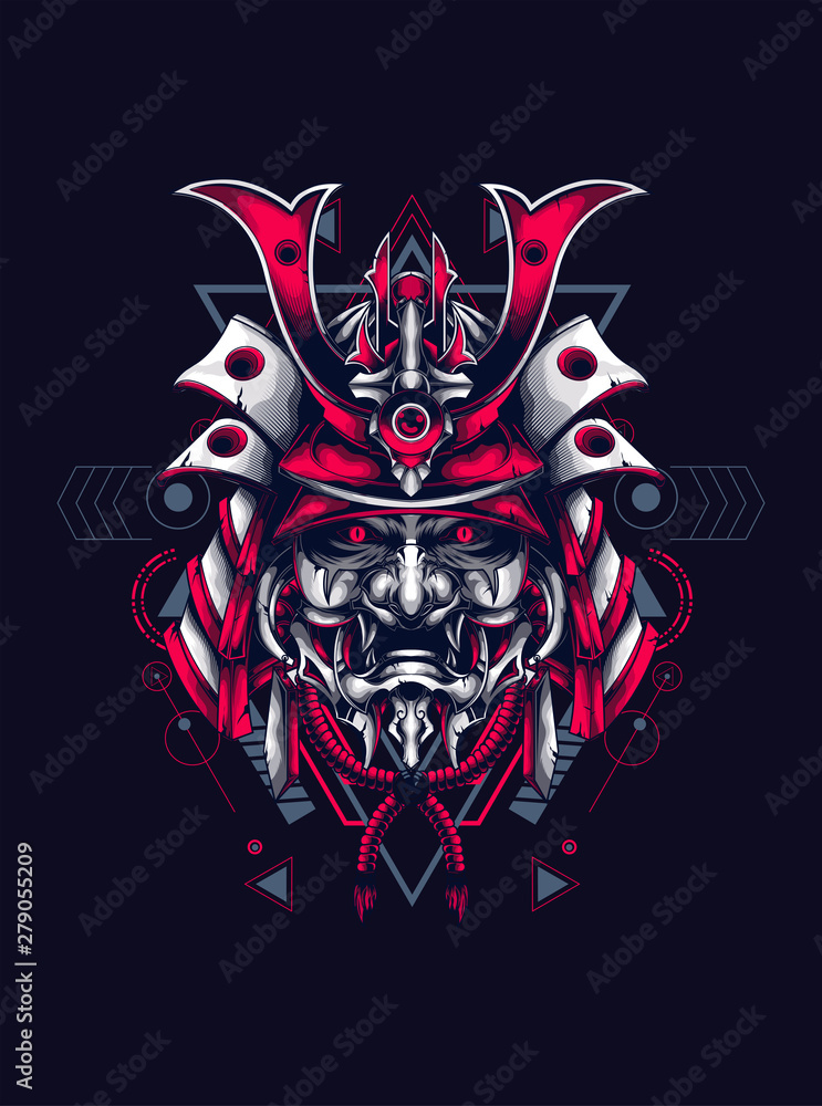 samurai head with detail mask and sacred geometry pattern as the background samurai head with detail mask and sacred geometry pattern as the background