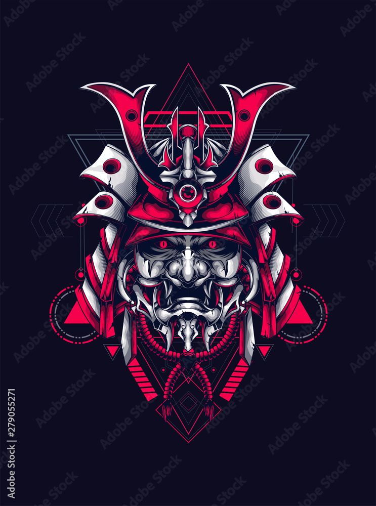 samurai head with detail mask and sacred geometry pattern as the background samurai head with detail mask and sacred geometry pattern as the background
