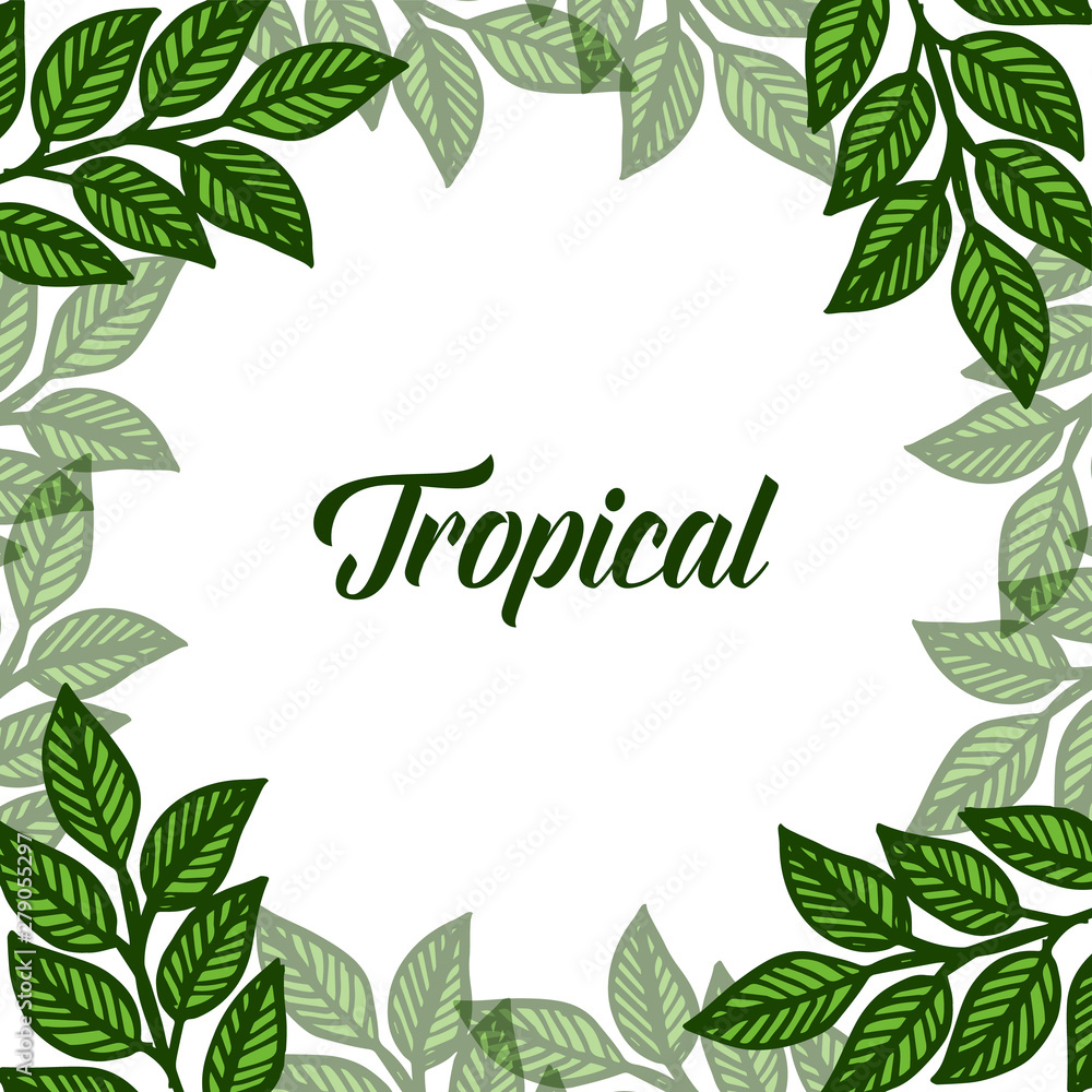 Greeting card of summer tropical, pattern of leaves frame. Vector