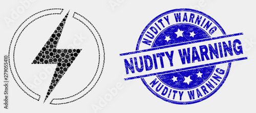Pixel electricity mosaic pictogram and Nudity Warning seal. Blue vector round grunge seal with Nudity Warning message. Vector composition in flat style.