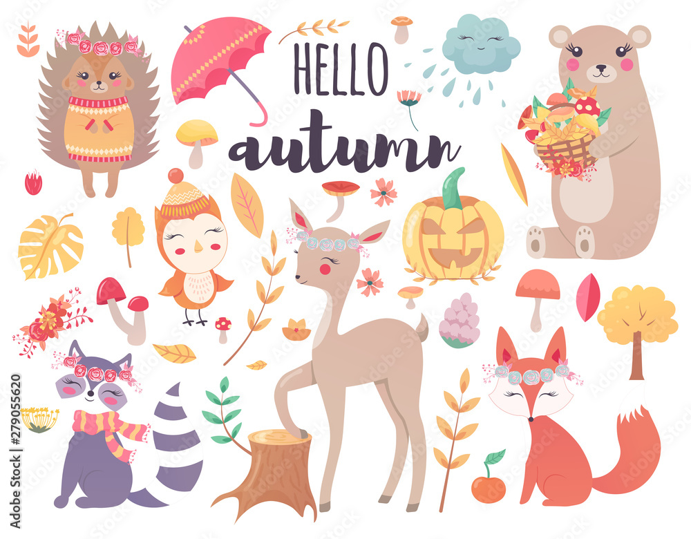 Cute Autumn Woodland Animals and Fall Floral Forest Design Elements