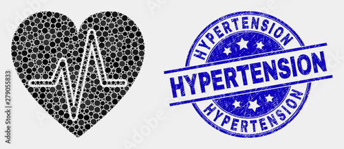 Pixel heart pulse mosaic pictogram and Hypertension seal. Blue vector round grunge seal with Hypertension caption. Vector collage in flat style. Black isolated heart pulse mosaic of random dots,