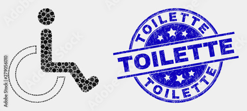 Dotted wheelchair mosaic pictogram and Toilette seal. Blue vector rounded grunge seal stamp with Toilette phrase. Vector combination in flat style.