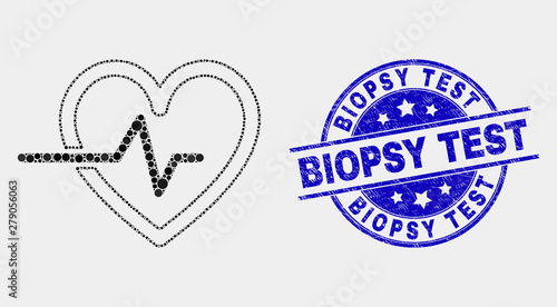 Pixelated heart pulse mosaic pictogram and Biopsy Test seal. Blue vector round textured seal with Biopsy Test caption. Vector composition in flat style.