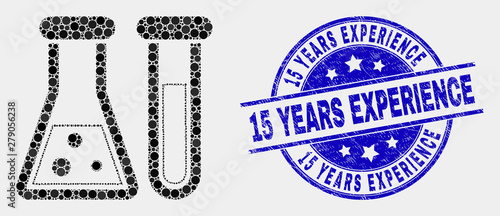 Dotted chemical glassware mosaic icon and 15 Years Experience seal stamp. Blue vector round textured seal stamp with 15 Years Experience message. Vector collage in flat style.