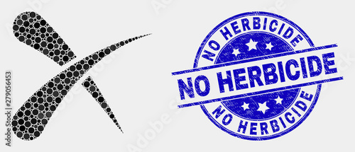 Pixel erase mosaic icon and No Herbicide seal stamp. Blue vector rounded scratched stamp with No Herbicide title. Vector collage in flat style. Black isolated erase mosaic of random dots,