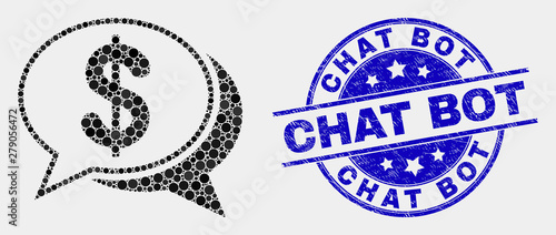 Dotted financial chat messages mosaic icon and Chat Bot seal stamp. Blue vector round distress seal stamp with Chat Bot message. Vector collage in flat style.