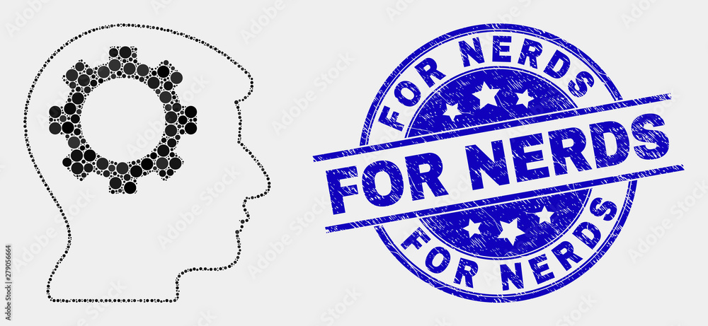 Fototapeta premium Dot gear thinking head mosaic icon and For Nerds seal stamp. Blue vector rounded scratched seal stamp with For Nerds text. Vector combination in flat style.