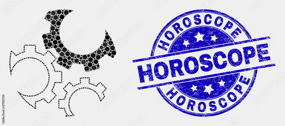 Pixelated gears mosaic icon and Horoscope seal stamp. Blue vector rounded distress seal stamp with Horoscope caption. Vector collage in flat style. Pixelated gears mosaic icon and Horoscope seal stamp. Blue vector rounded distress seal stamp with Horoscope caption. Vector collage in flat style.