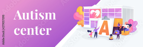 Special needs children rehabilitation school. Social workers, educators. Autism center, treatment of autism spectrum disorder, kids autism help concept. Header or footer banner template with copy