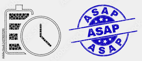 Dotted battery charge time mosaic pictogram and Asap seal. Blue vector round textured watermark with Asap phrase. Vector collage in flat style.