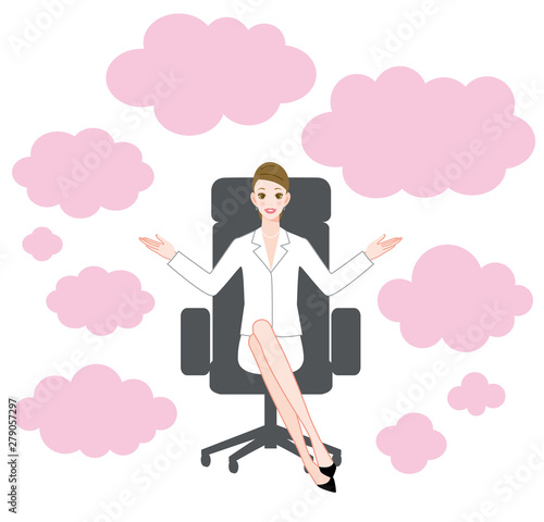The young woman who sits down on a chair and speech bubble