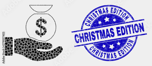 Dot financial service hand mosaic icon and Christmas Edition watermark. Blue vector round scratched seal stamp with Christmas Edition text. Vector composition in flat style.