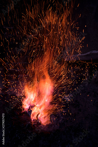 Traditional blacksmith furnace with burning fire