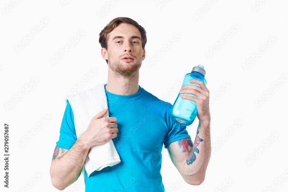 young man with bottle of water isolated on white young man with bottle of water isolated on white