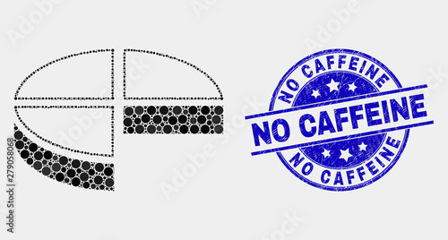 Pixelated pie chart mosaic icon and No Caffeine seal stamp. Blue vector rounded scratched seal stamp with No Caffeine message. Vector combination in flat style.