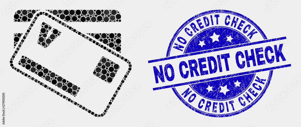 Obraz premium Pixelated credit cards mosaic pictogram and No Credit Check seal stamp. Blue vector round distress seal with No Credit Check title. Vector composition in flat style.